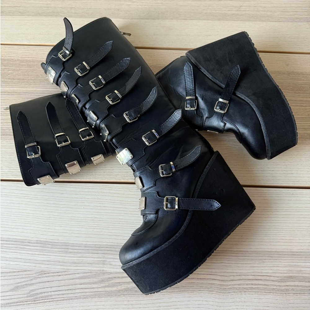 Swing adam knee boots metalic Black Multi-Buckle Platform women mid calf size 9 - Picture 2 of 8